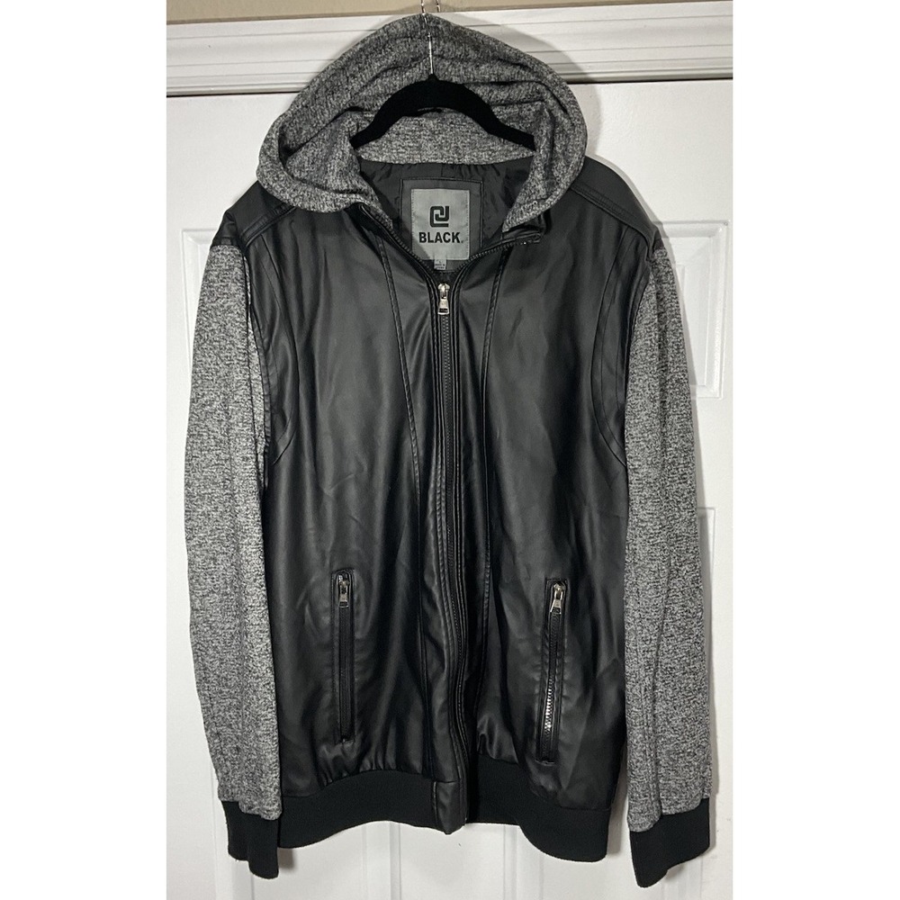 CJ BLACK Faux Leather Hoodie Jersey Sleeves Zip Pockets Elastic Waist Mens Large